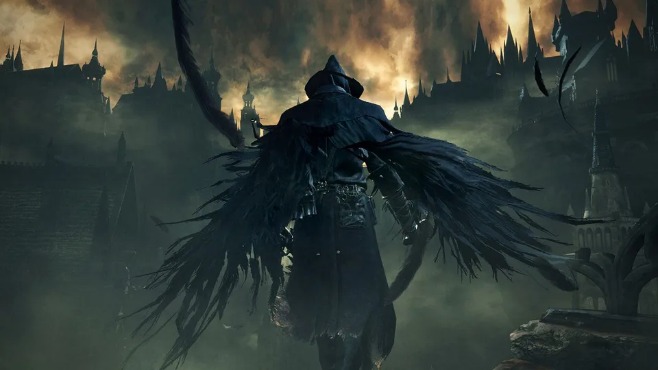 A hunter overlooking the gothic city of Yharnam in Bloodborne