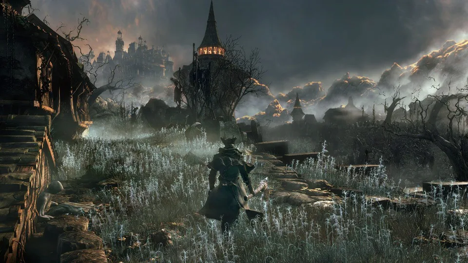 A graveyard and gothic spires in Bloodborne, suited to the dark theme